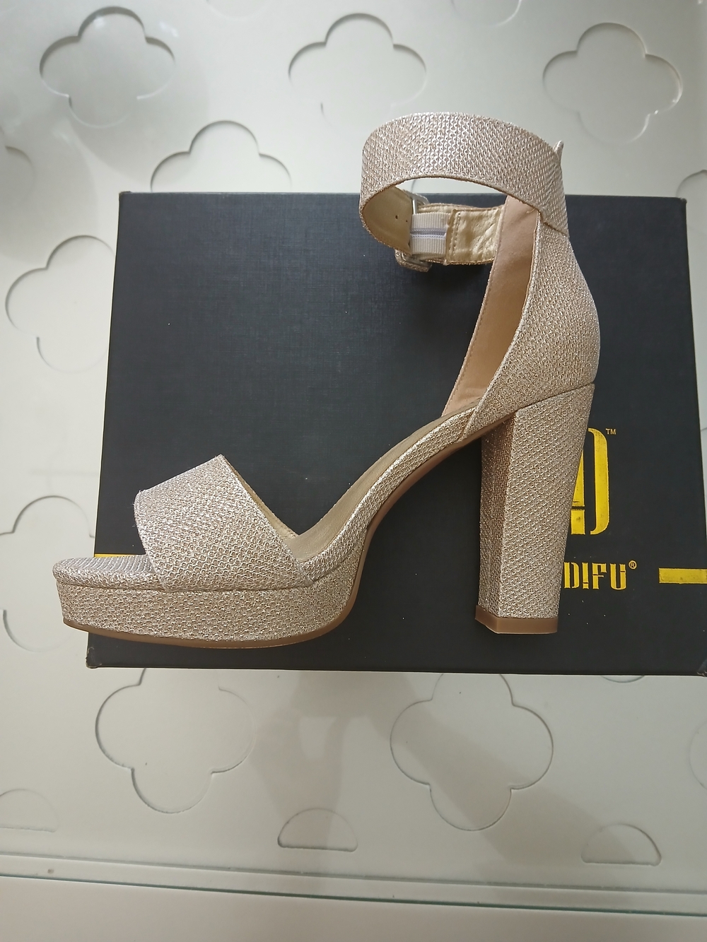 IDIFU Women's Metallic Champagne Platform Block Heel Sandals